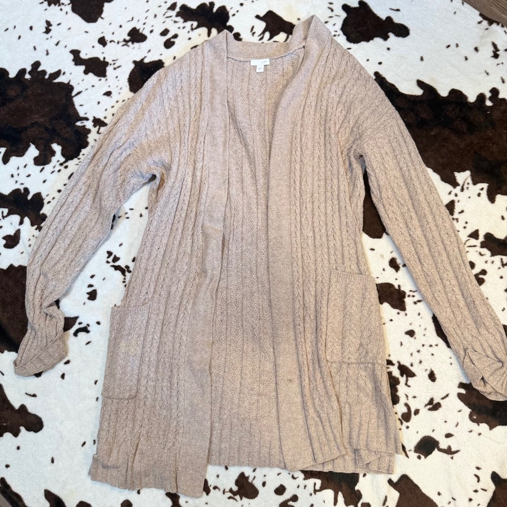 J. Jill Cardigan Women Large Tan Cable Knit Open Front Coastal Grandma
